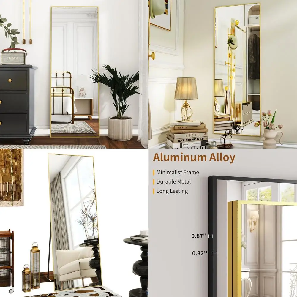 Floor-Standing Mirror, 21 x 64, Aluminum Frame, Versatile for Wall or Room Use, Gold