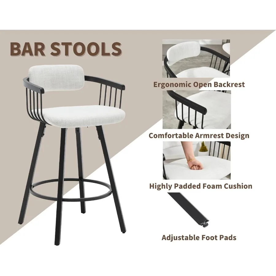 Modern Barrel Swivel Counter Stools Set of 3 Linen Upholstered Counter Height Bar Stools with Open Back 26 Inch Bar Stools Meta