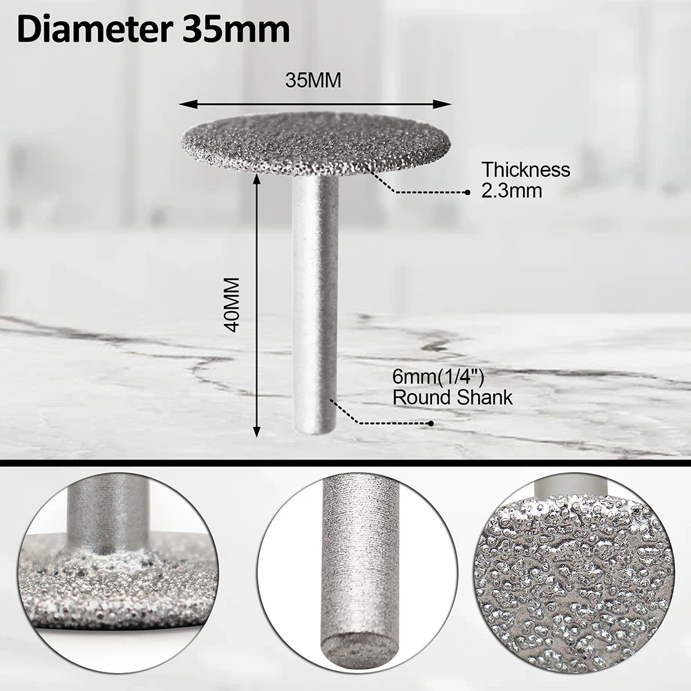 SHDIATOOL 1Pc Dia35mm Vacuum Brazed Diamond Discs 6mm Shank Saw Blade Professional Cutting Grinding Engraving Stone Concrete