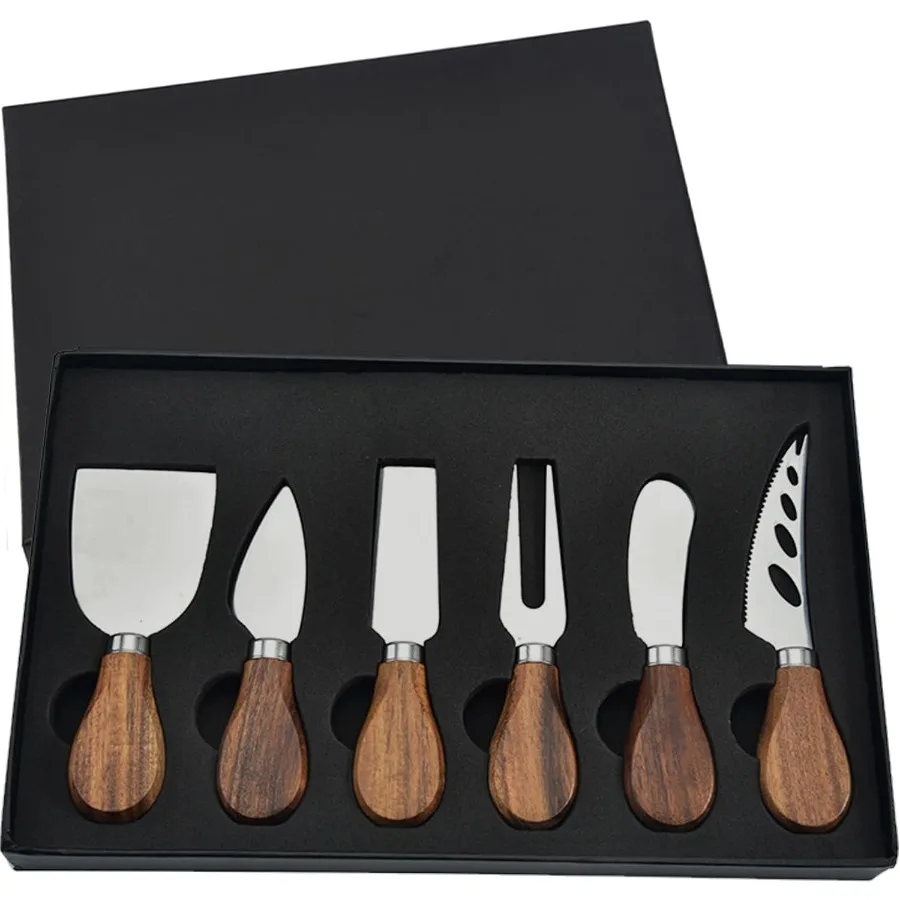 

Set of 6 Cheese Knife Set with Wooden Handle and Stainless Steel Blades for Cutting Slicing Spreading Cheese Butter Pizza and C