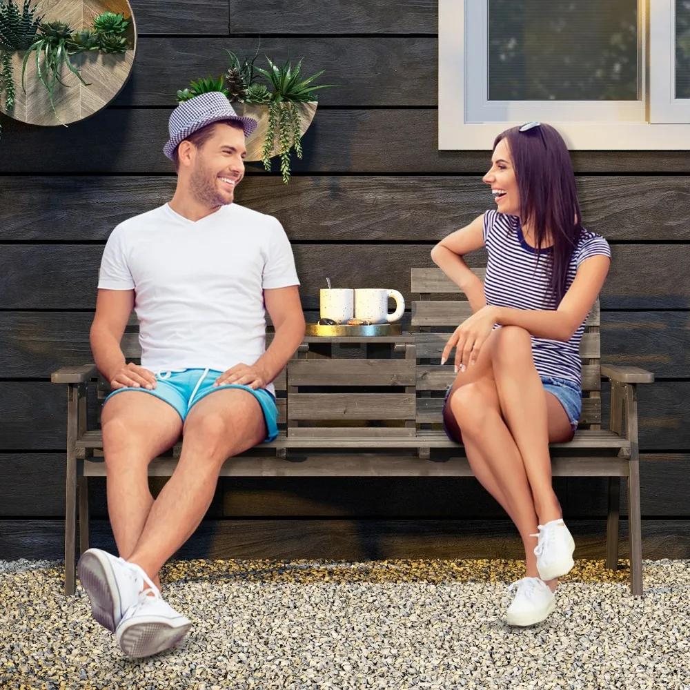 

Уличная скамейка из елового дерева со складным средним столом со спинкой и подлокотниками