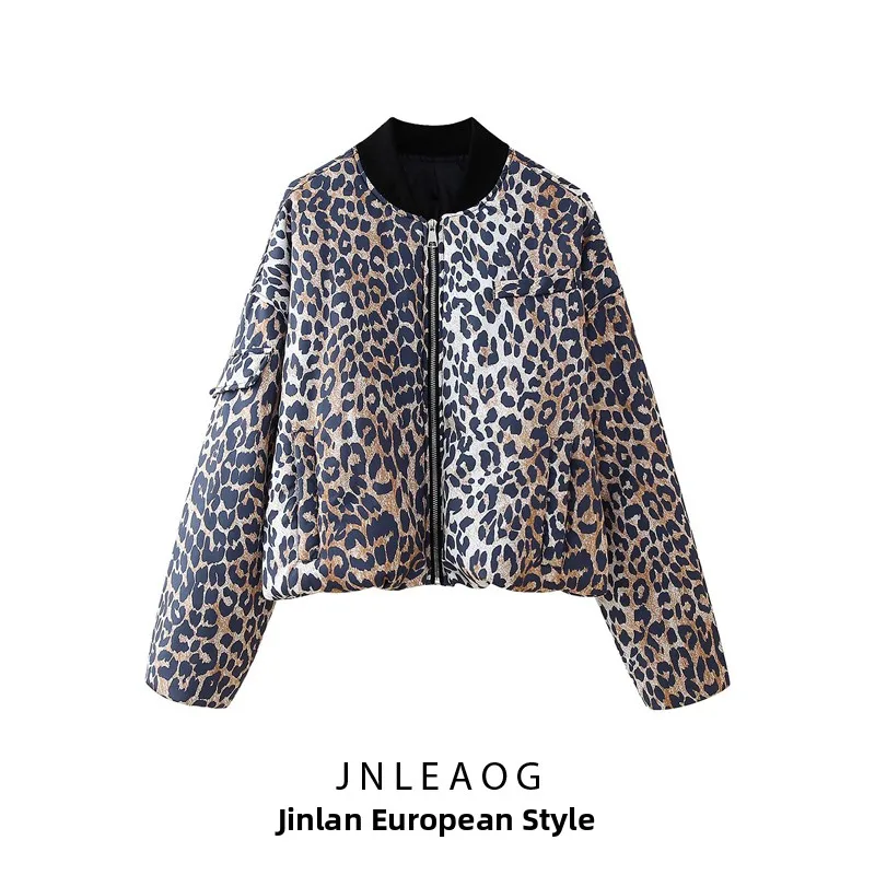 JNLEAOG Fashionable Leopard Print Zipper Jacket Cotton Outerwear Women's Short Coat Autumn New Style Casual Loose Fit