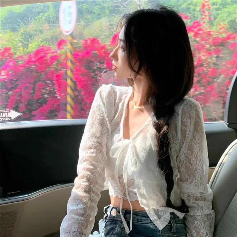 Lucyever Lace Hollow Out White Shirt Women Korean Style Thin Long Sleeve Sunscreen Cardigan Summer Beach Sexy Crop Tops Female