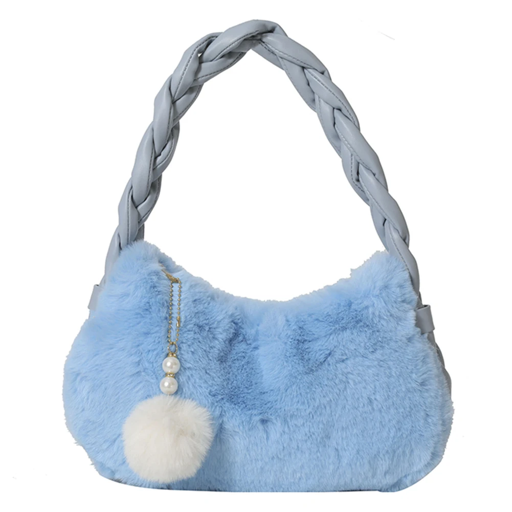 Ladies Faux Fur Hobo Bag Solid Color Mini Casual Bag PU Braid Strap Stylish Wrist Bag with Pearl Fuzzy Pendant Gifts for Friends