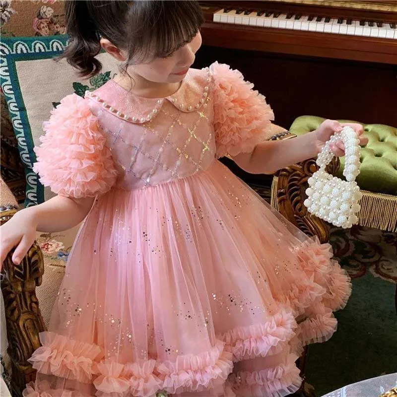 

Girls' Dress Summer 2024 New Fashion Sequin Pearl Decoration Girls' Baby Doll Collar Children's Clothing Birthday Princess Dress