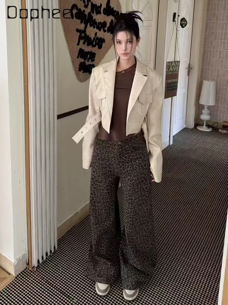 خمر التوابل فتاة ضئيلة الدانتيل متابعة دعوى طوق بولي معطف معطف جلد سترات قصيرة للنساء الخريف جديد الشارع الحلو كول Y2K سترة