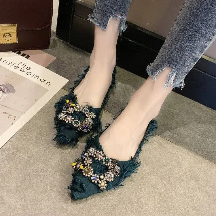 

Spring Autumn Crystal Flower Women Casual Flat Shoes Female Loafer Shoes Fashion Pointed Fringe Shallow Shoes Single Shoes