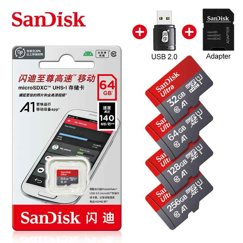 SanDisk 100% Original Micro SD Card 128GB 64GB 32GB A1 Class 10 Memory Card UHS-1 TF Flash Card for Samrtphone/PC with card read