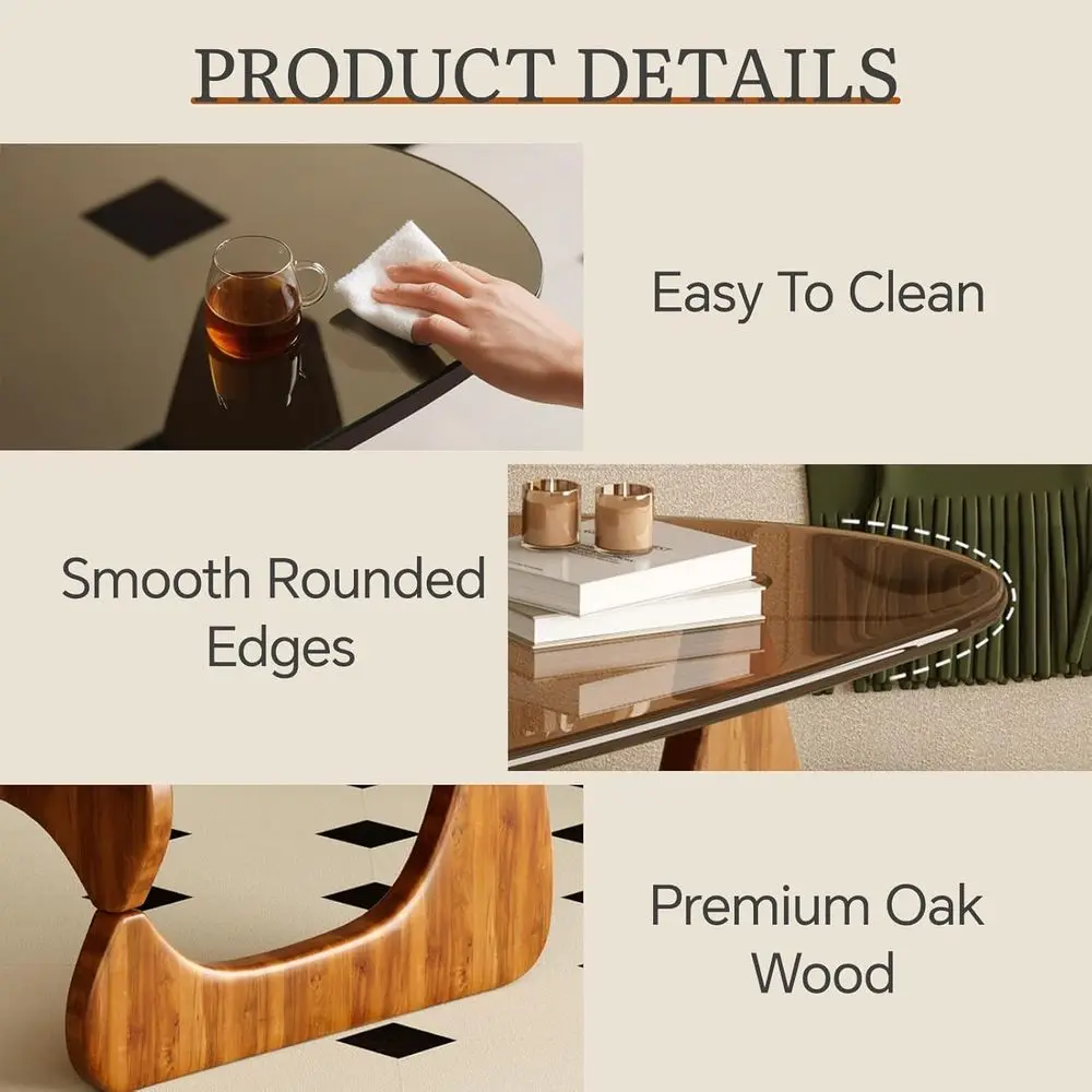 Mid-Century Modern Living Room Coffee Table - Glass Top, Brown Walnut Wood Centerpiece