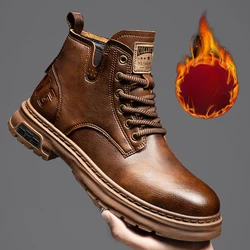 Brown Leather Winter Men'S Snow Boots Waterproof Business Dress Casual Shoes Plush Warm Men'S Outdoor Hiking Work Travel Shoes
