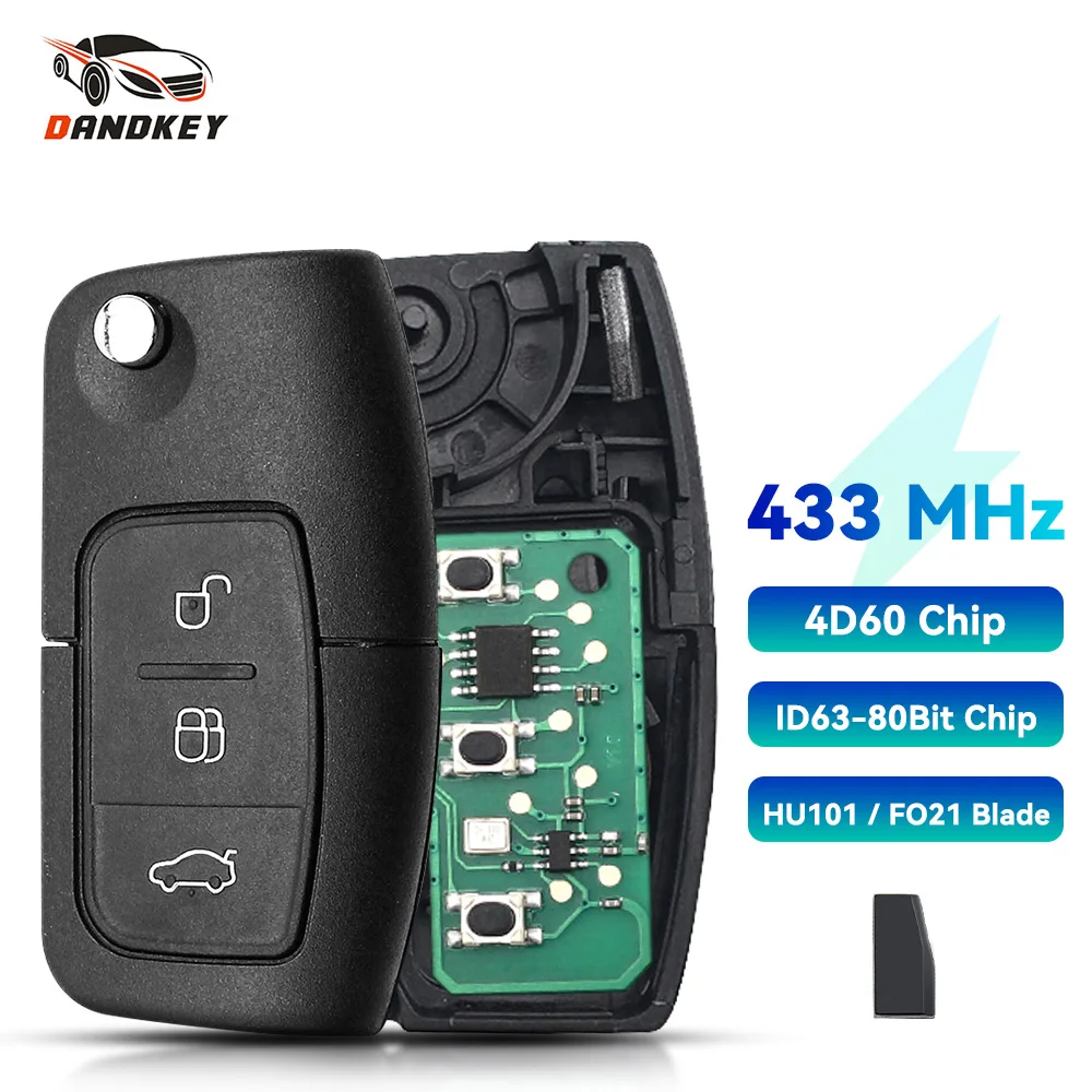 

Dandkey 433MHz 3 Buttons Keyless Entry Remote Flip Key Fob For Ford Focus Mondeo C Max S Max Galaxy Fiesta HU101/FO21 Blade