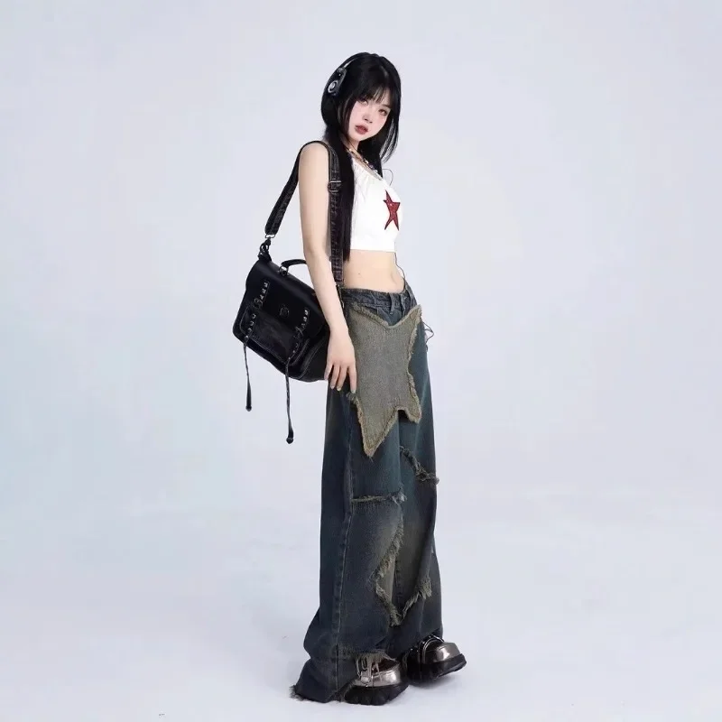 

Spring and Autumn American Retro Star Jeans Women's Y2k High Street Loose Straight Leg Fringed Floor Pants Trend Female Clothing