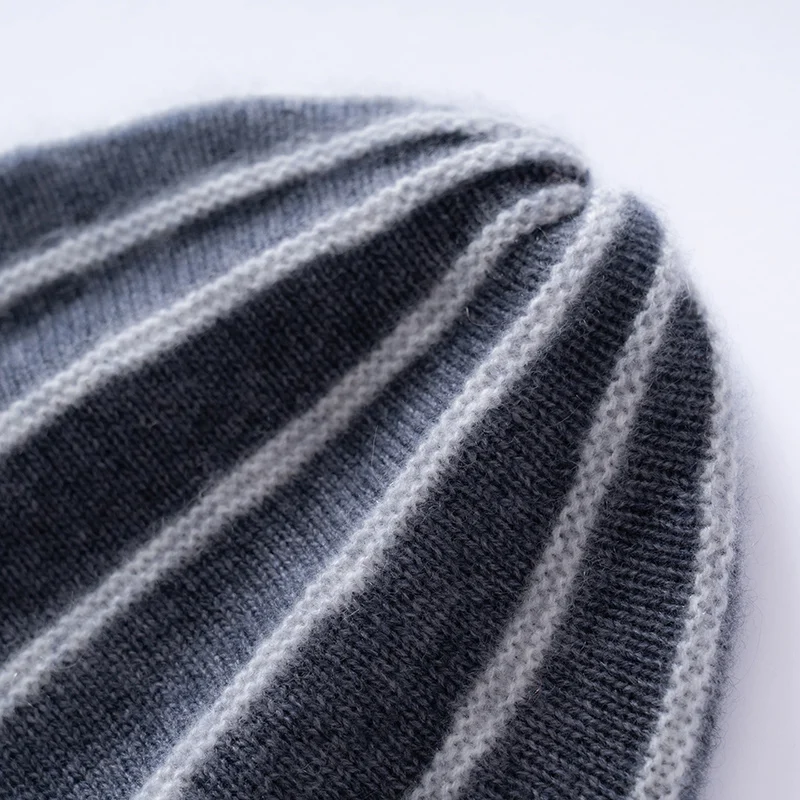 Cashmere Material Winter Hat for Women Outdoor Striped Double-layer Beanie Cap Casual Soft Warm Showing Face Knitted Cold Hat