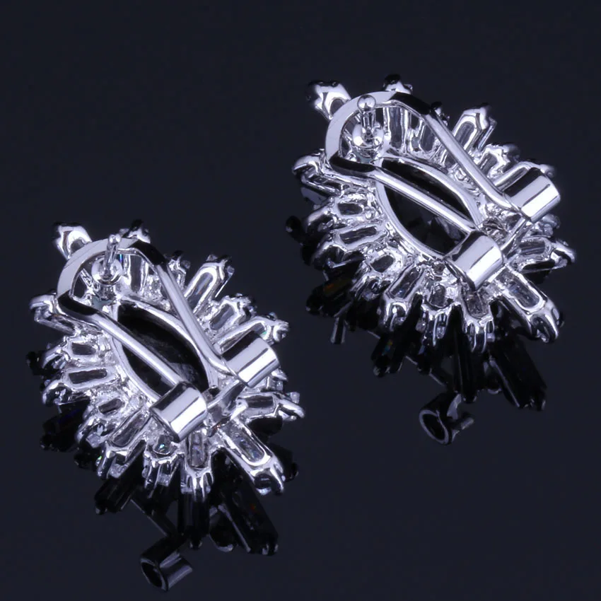 Jolly Marquise Black Cubic Zirconia White CZ Fashion Jewelry Silver Plated Clip Hoop Huggie Earrings V0895
