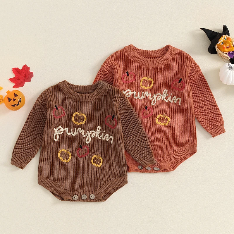 

Baby Fall Sweater Romper Halloween Casual Long Sleeve Letter Pumpkin Embroidery Knitted Bodysuit Infant Outfit 0-18Months