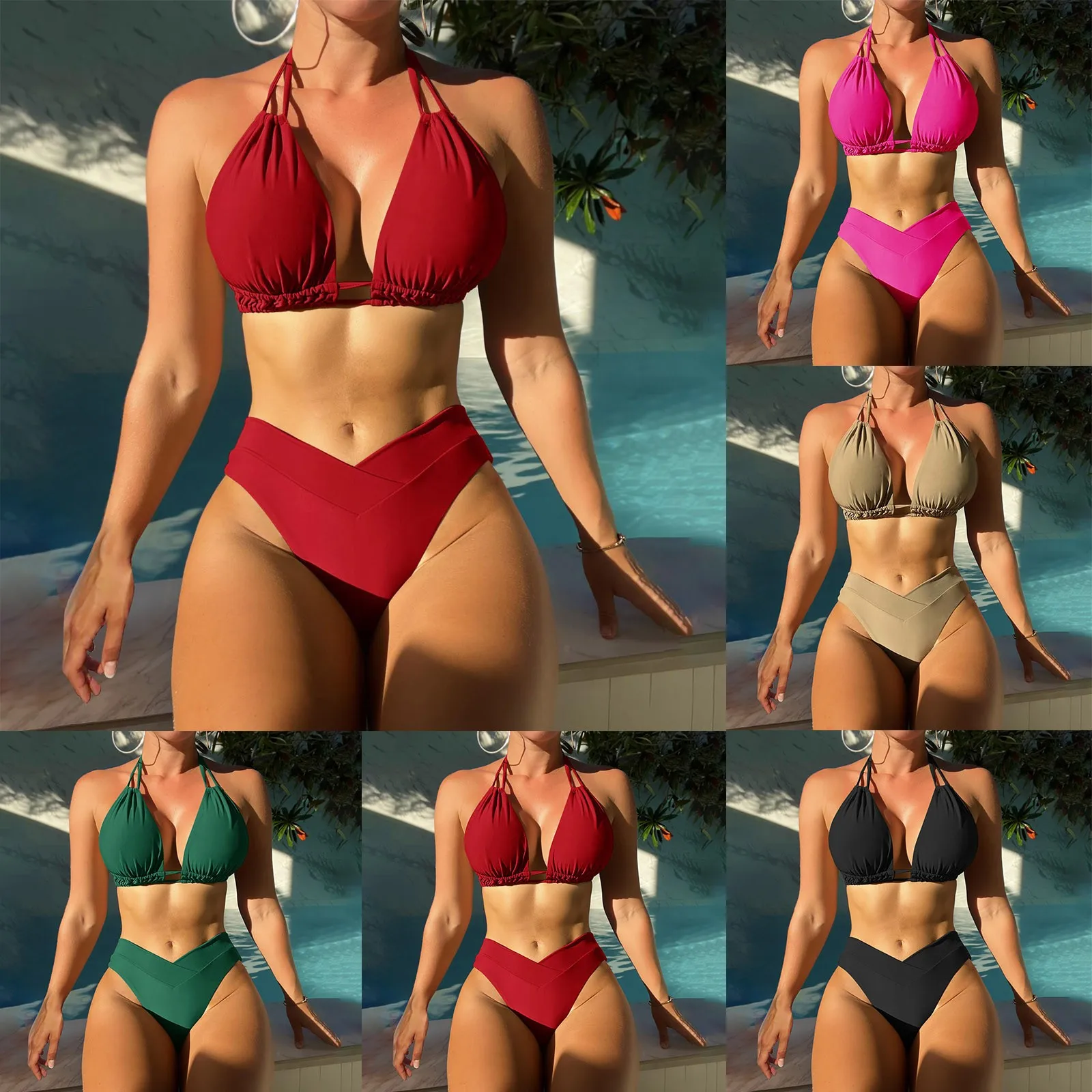 Bikini Sets For Women Solid Color Sexy Bathing Suits Tank Swimsuit Mid Waist Deep V Neck Wide Straps Mesh Back Hook Swimwears