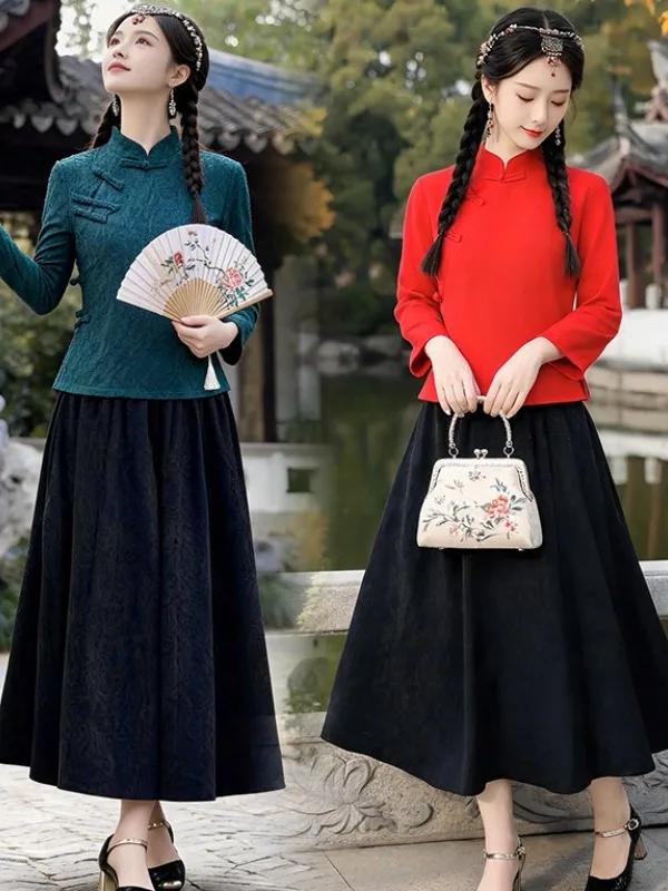 Traditional Chinese Style Cotton Linen Women's Suit with Button Collar Slimming Tunic Top And Pants for Autumn Season