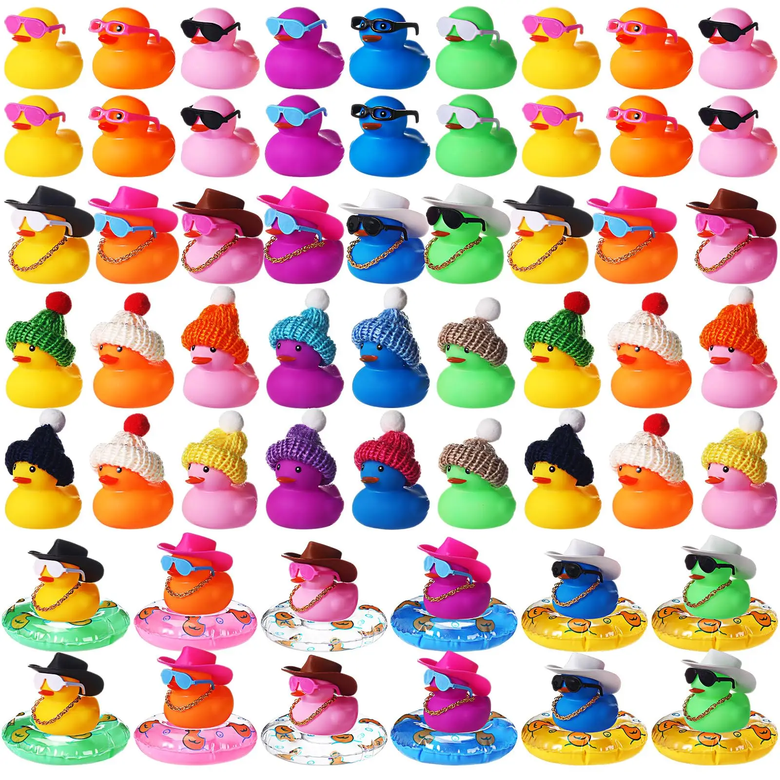 140Pcs Rubber Mini Duck Bulk Summer Rubber Duck Sunglasse/Necklace/Hat/Swim Circle/Hat/Bath Toy for Baby Shower Swim Party Gift