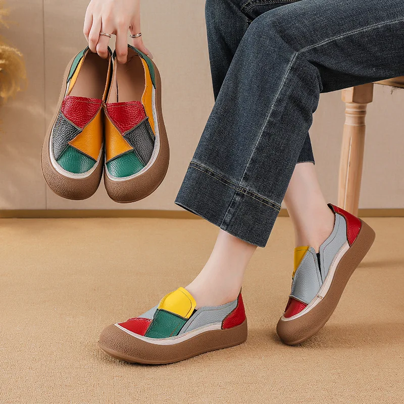 Top Layer Cowhide 2025 Spring and Autumn Season Sponge Cake Thick Sole Casual Leather Color Blocked Beggar Shoes for Women