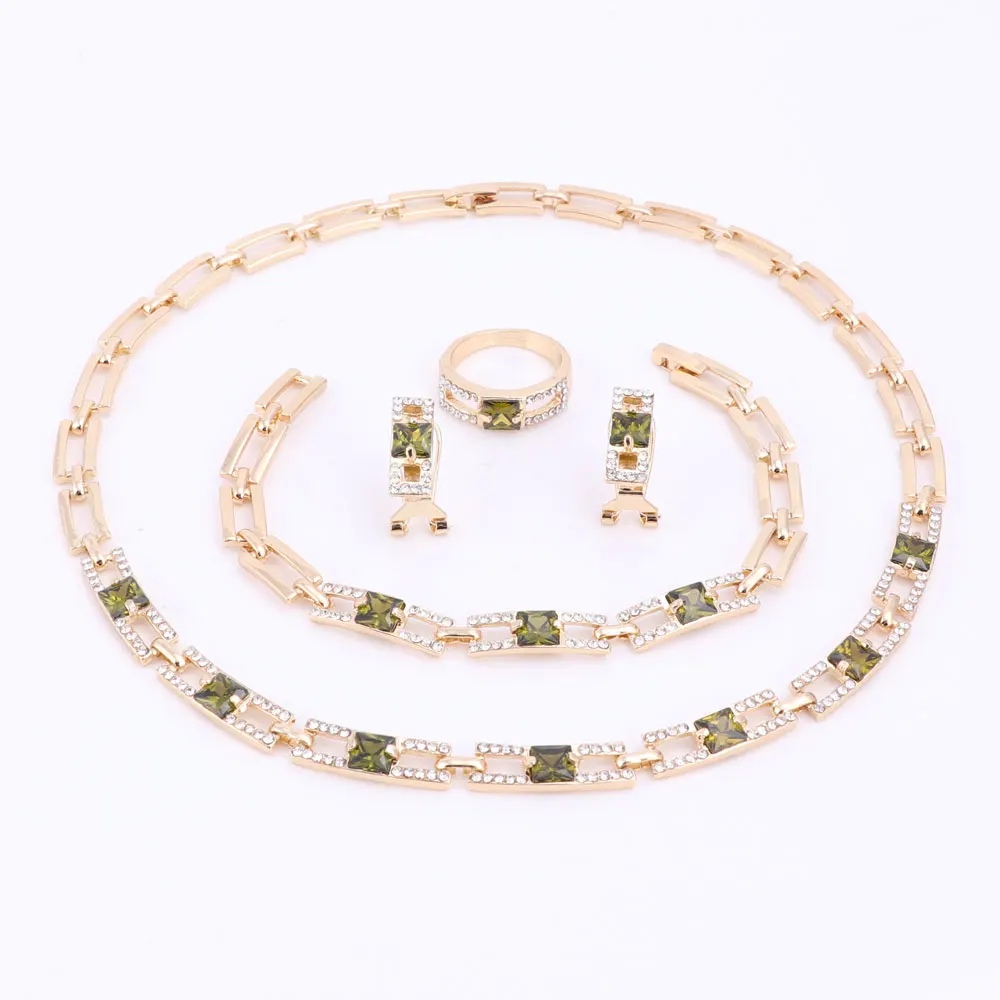 Wedding Party Necklace Jewelry Sets For Women Fashion Green Crystal&Rhinestone Gold Color Pendant Accessories