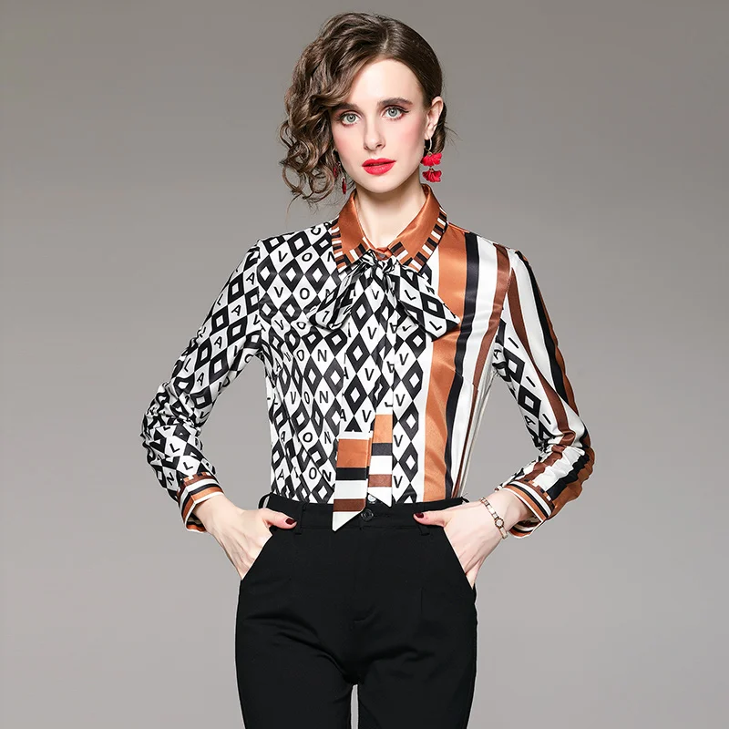 Women Clothes French British Style Fashion Bow Shirts Sping New Chic Printed Elegant Temperament Blouse Female Top