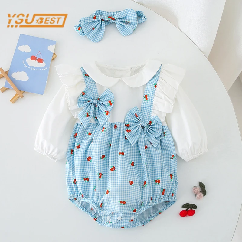 

Autumn Infant Kids Baby Girls Long Sleeve Bowknot Cherry Print Jumpsuit Newborn Baby Girls Princess Clothes Rompers 0-2Yrs