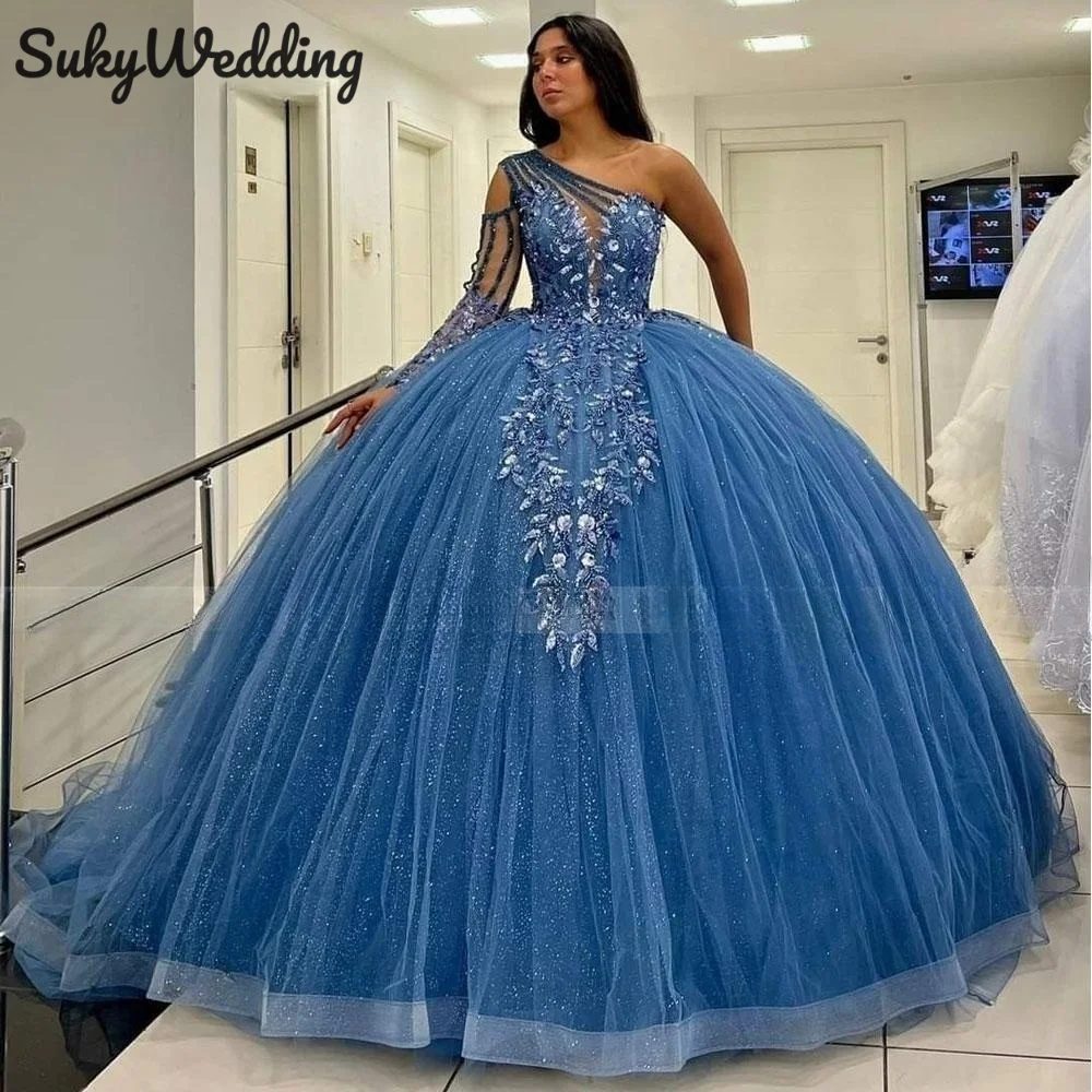 Синие платья принцессы Quinceanera на одно плечо, милые платья для выпускного вечера 16, цветы, бисер, кружевная аппликация, корсет, Vestidos по индивидуальному заказу