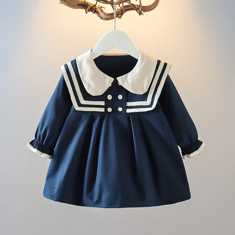 School Small Kid Spring Fall Newborn Baby Girl Clothes Cute Doll Navy Collar Cotton Long Sleeve Toddler Dresses Princess Dress