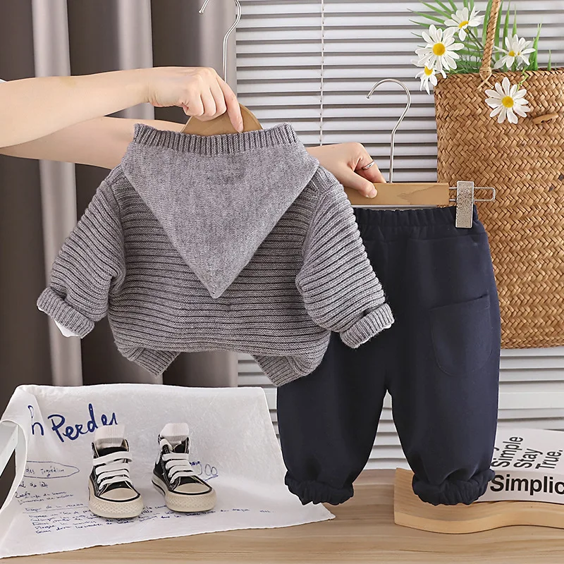 Baby Boy 3 Piece Outfit Set 2026 Autumn Winter Casual Solid Color Hooded Zipper Sweater Coat + T-shirts + Pants Kids Boys Suit