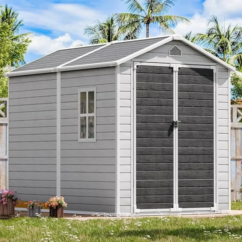 Outdoor Resin Storage Shed 8x6 FT, Waterproof with Floor Window Lockable Door Included, Plastic Sheds for Garden Tools, Gray