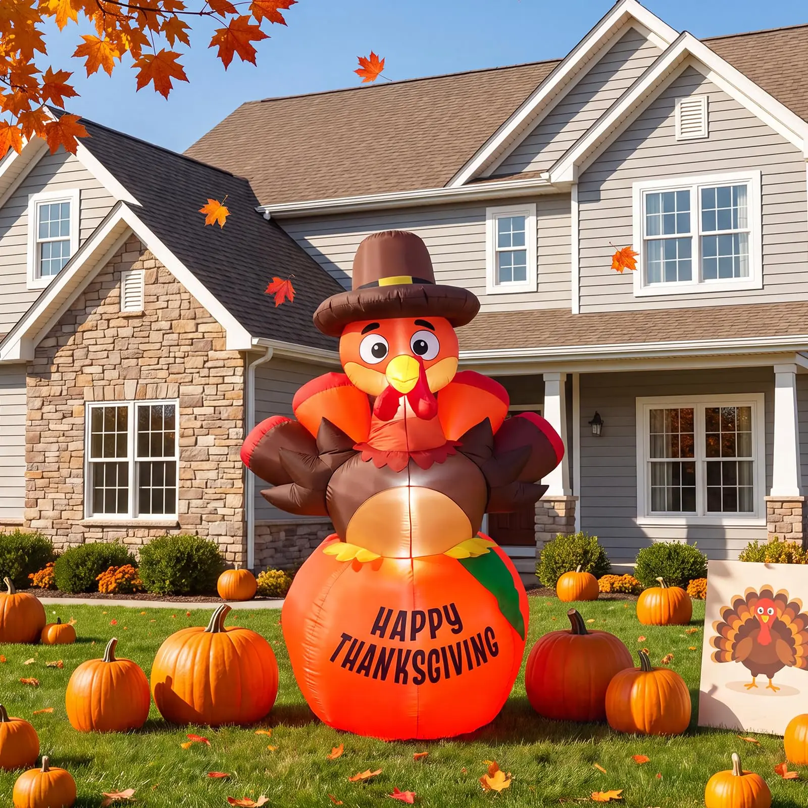 6 FT Thanksgiving Inflatable Outdoor Decoration – Pumpkin & Turkey Design with 7 LED Lights, Weather-Resistant Polyester for Yard, Garden, Porch, Party & Indoor Display