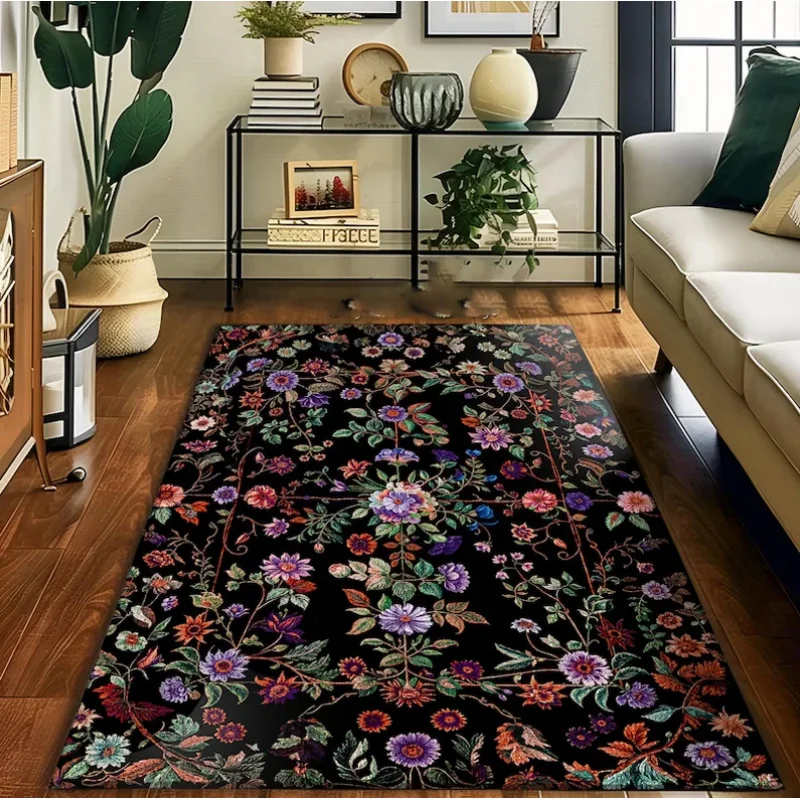 VIKAMA Non-slip Washable Floral Boho Purpl Rug for Living Room Home Decor