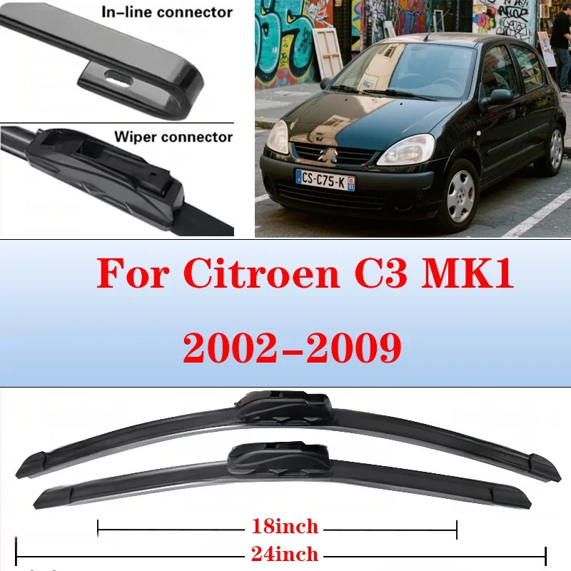 

For Citroen C3 MK1 2002-2009 Car Wiper U-type Soft Rubber Boneless Wiper HD Quiet Durable Automotive Wiper 24"+18"