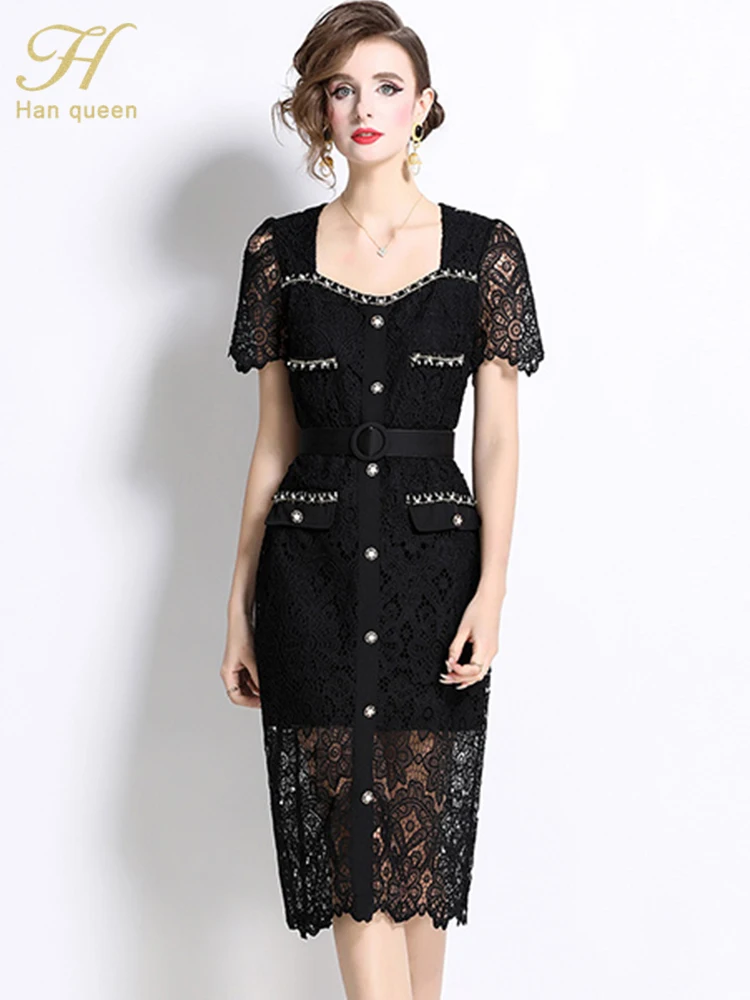 

H Han Queen Summer French Style Chic Beaded Diamond Square Neck Lace Dresses Women Single breasted Hollow Party Casual Dress