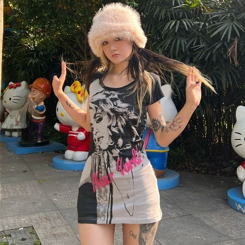 Gothic Sexy American Vintage Subkultur Kurzarm Kleid 2000er Jahre Print Bodycon Minikleid Sommer Y2k Einteiliges Kleid Koreanischer Chic