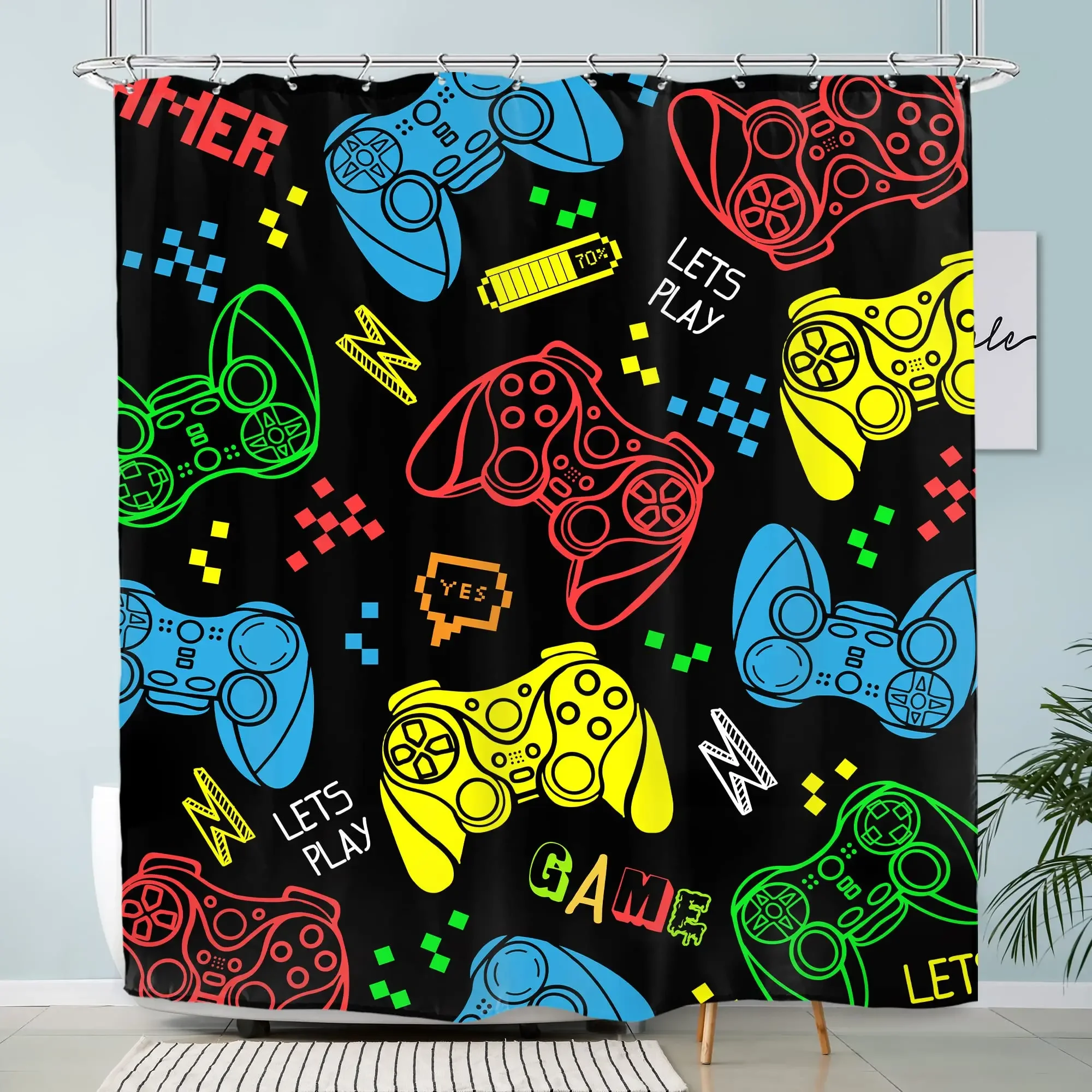 Gamer Modern Gamepad Printed Shower Curtain Kids Teen Boys Gaming Shower Curtain Bathroom Waterproof Fabric Screen with Hooks