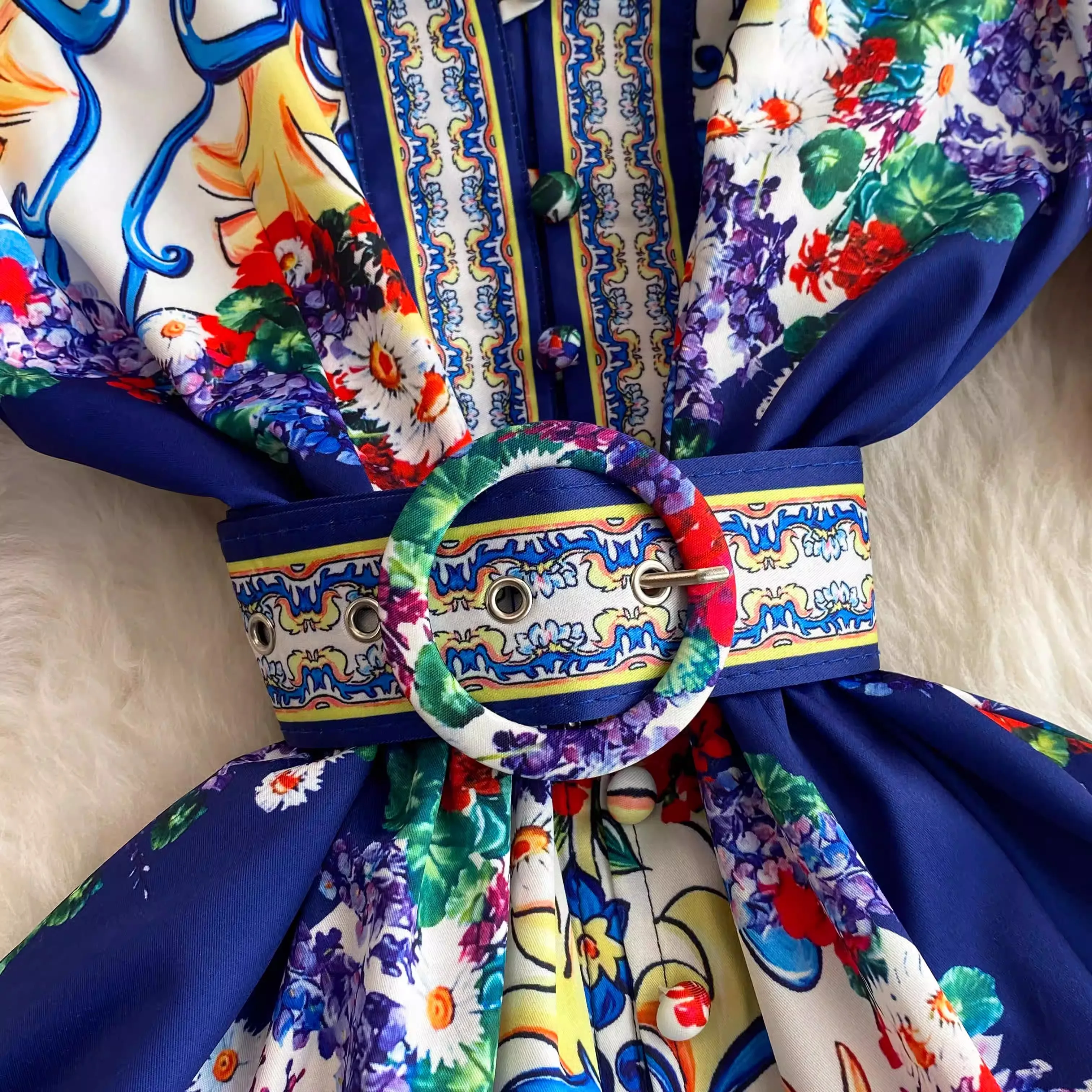 French Fashion Summer Runway Midi Dress Women's Ruffles Short Sleeve V-Neck Single Breasted Slim Belt Holiday Party Vestidos