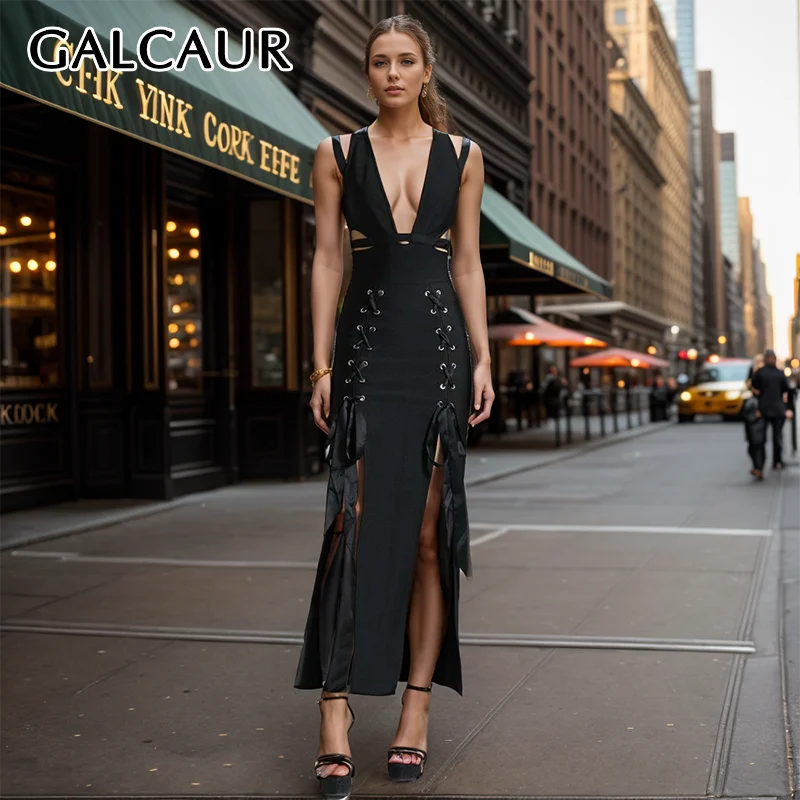 

GALCAUR Bandage Black Women Dress V Neck Sleeveless High Waist Slimming Folds A Line Hollow Out Summer Party Dress Female New