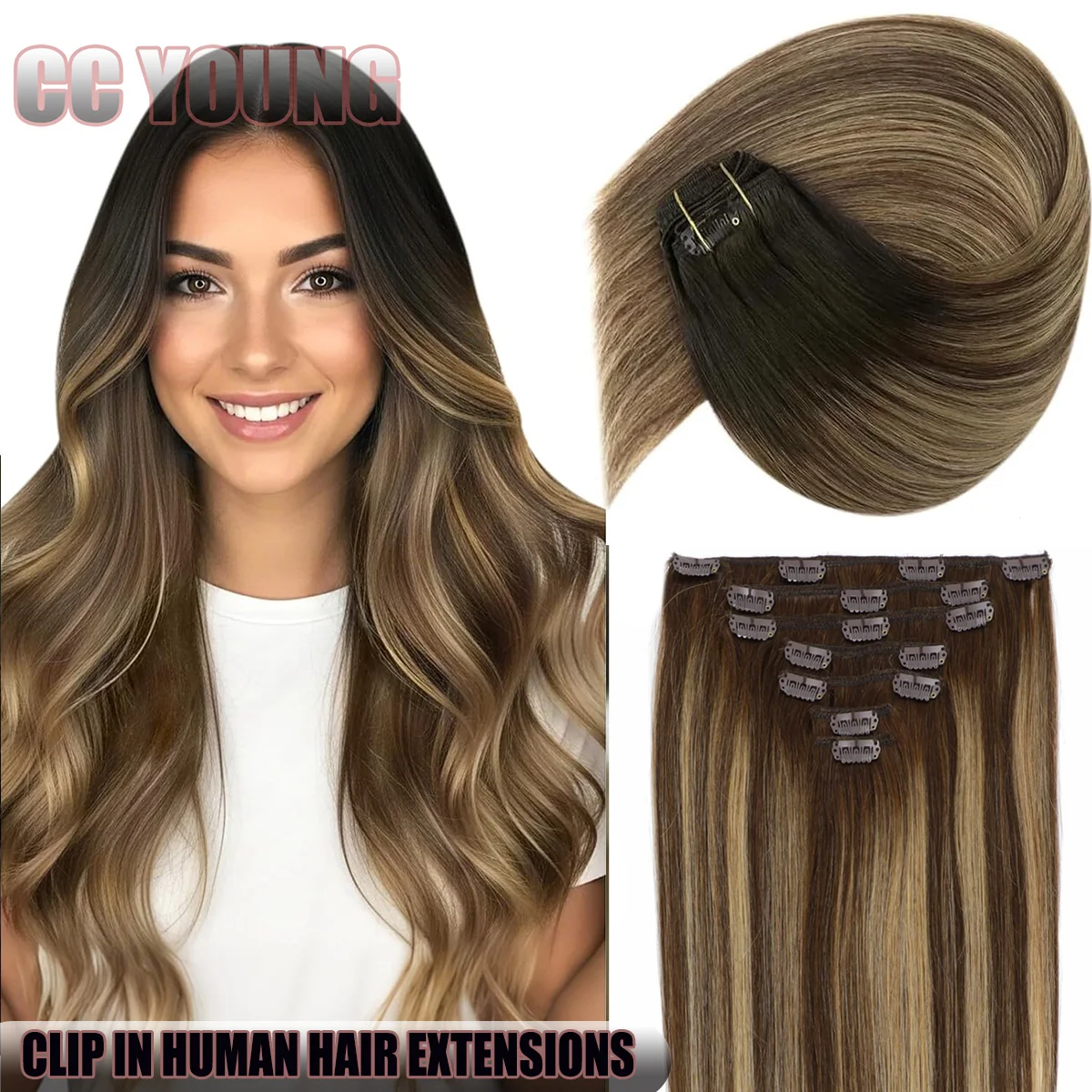 

Наращивание волос на заколках, настоящие человеческие волосы, омбре, коричневый и левый, 7 шт., прямые накладные волосы на заколках, добавьте длину и объем волос