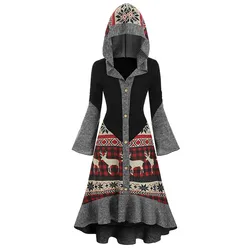 Dressfo Christmas Dress Elk Snowflake Tribal Pattern Knit High Low Flocking Liner Hooded Dress Button Up Flare Sleeve Midi Dress