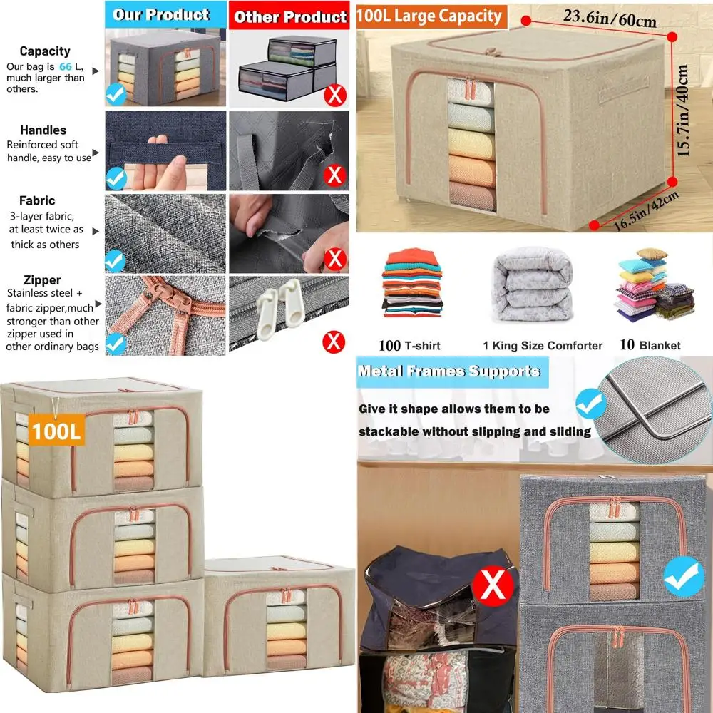 

Штабелируемые контейнеры для хранения белья с металлическим каркасом, складные органайзеры для шкафа для сезонной одежды и постельного белья (3, 100 л)