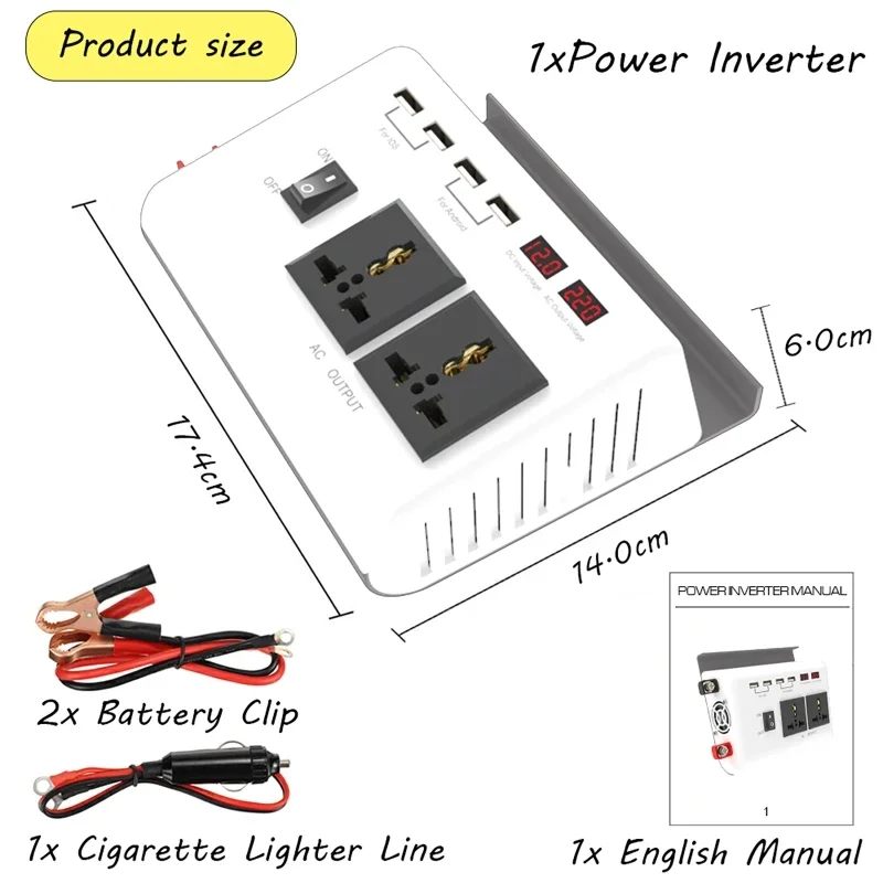 12V to 110V /220V 300W Intelligent LCD Dual Display Inverter 4 USB Fast Charging Car Converter Modified Sine Wave Power Inverter