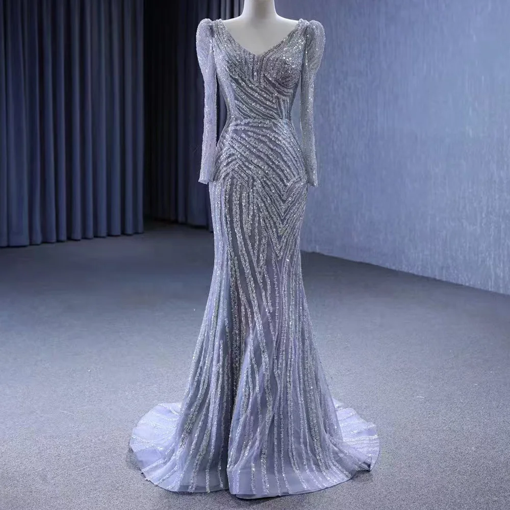 Robe de soirée à col en V, manches longues, dos lacé, paillettes, coupe fourreau, personnalisable avec traîne amovible pour femmes