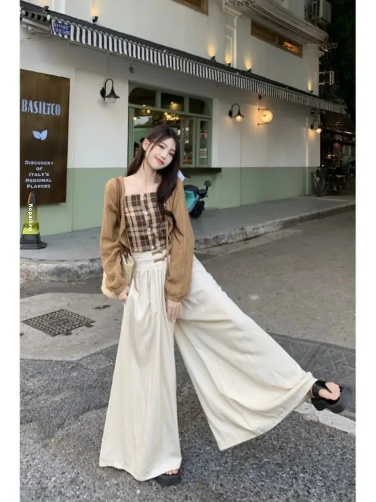 

Early Autumn Knitted Belted Open Cardigan Women's Spicy Plaid Strap Vest High Waist Wide Leg Pants Tee Piece Set
