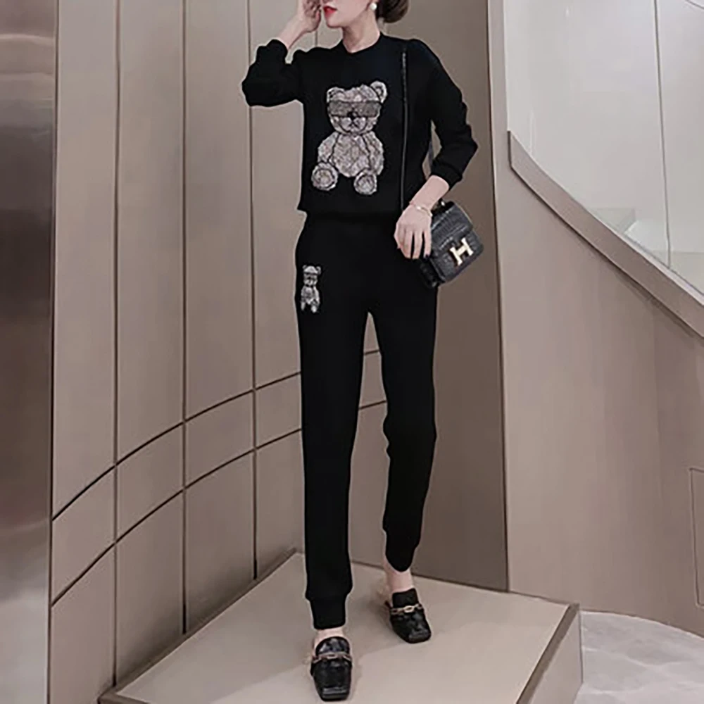 여성용 기모 안감 스웨트 셔츠 세트 스포츠 팬츠 곰 패턴 202 겨울 신상 플러스 사이즈 패션 세트