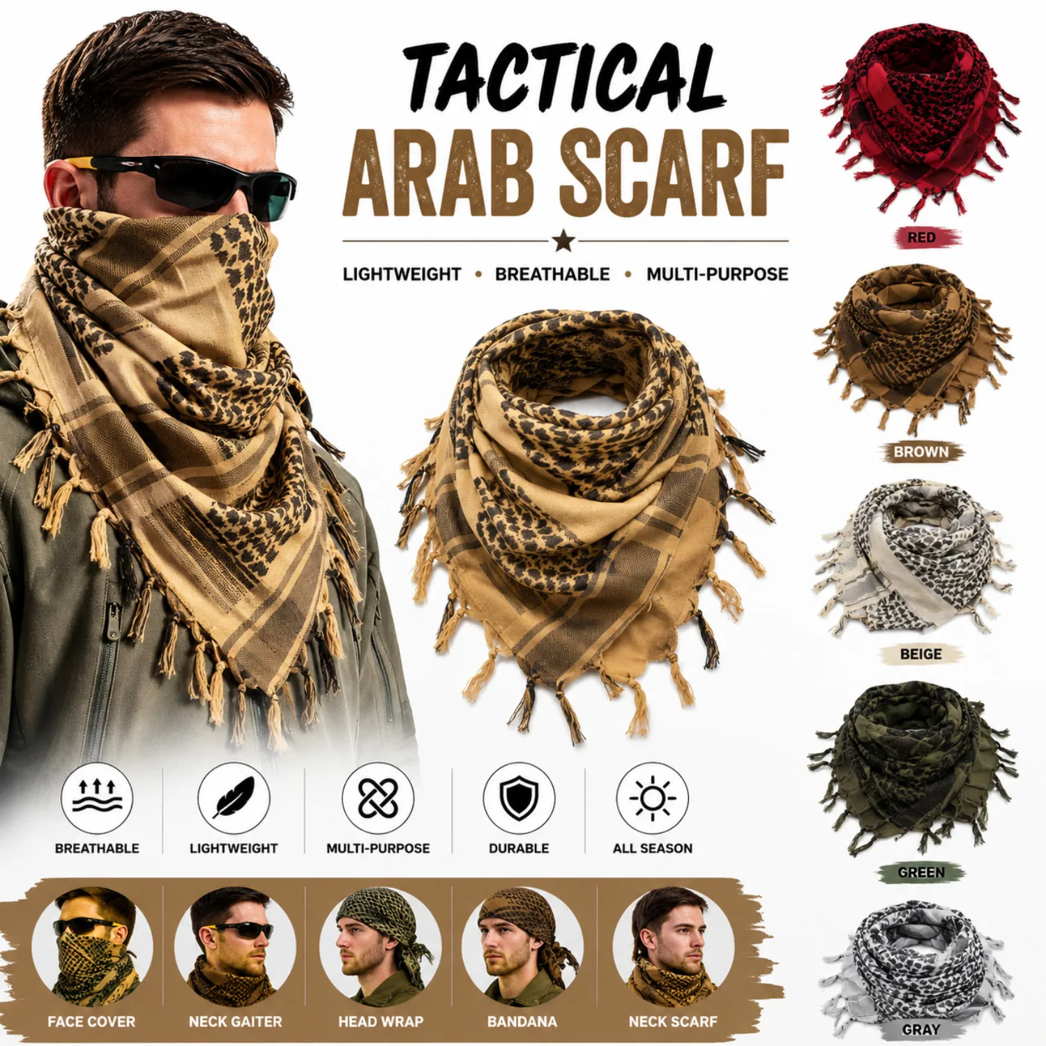 Army Military Tactical Unisex Arab Shemagh Scarf Check Wrap