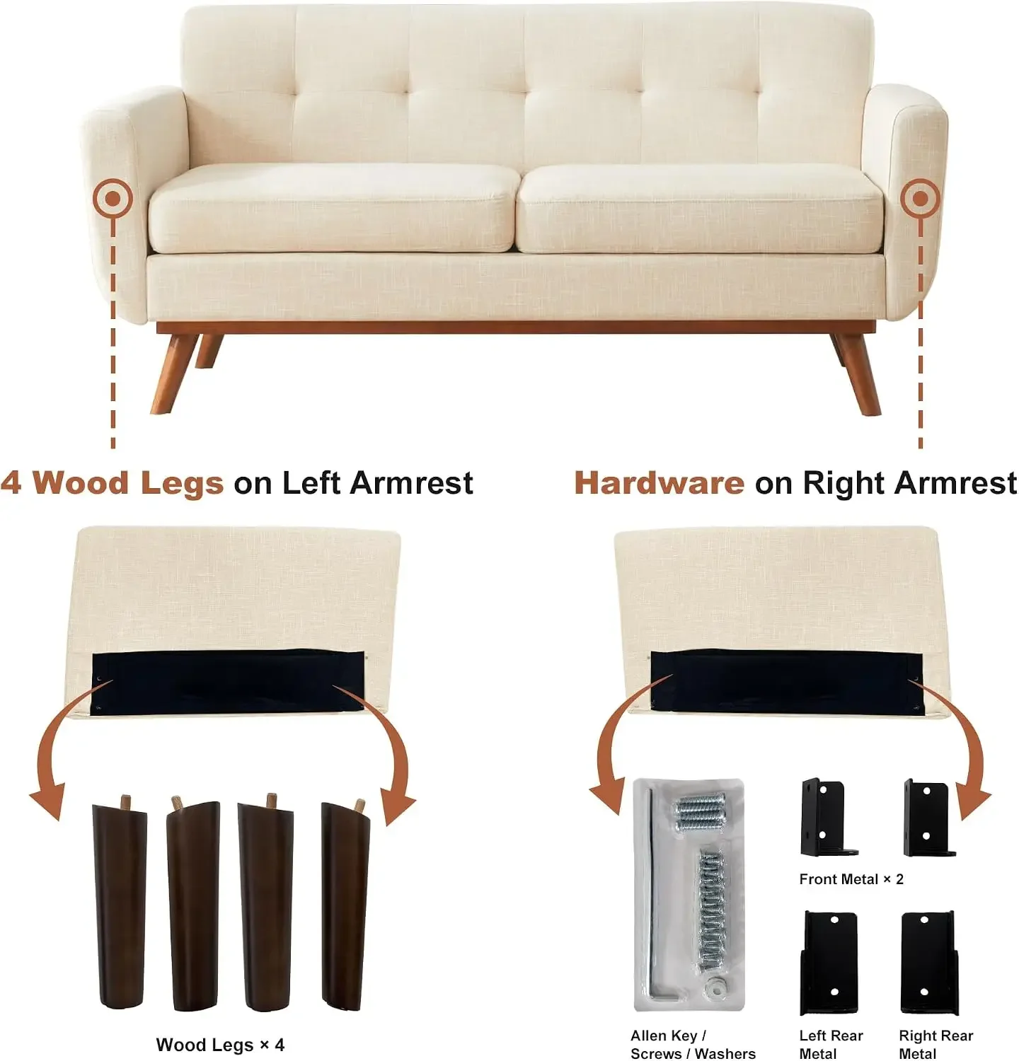 65.2" W Loveseat Sofa, Mid Century Modern Decor Love Seat Couches for Living Room, Button Tufted Upholstered Furniture, Easy to - view 5