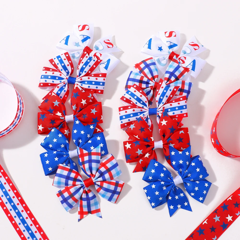

10pcs/set Ribbon Hair Bows Clips for Girls 3D Print Star Bowknot Hairpin Headwear July 4th Independence Day Hair Accessories