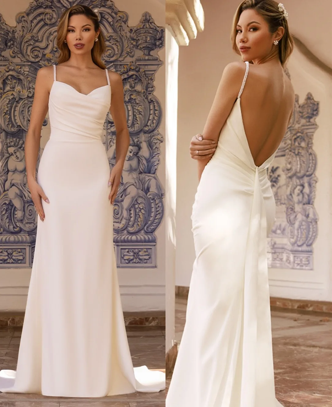 

Customized Long Crepe V-Neck Wedding Dresses Mermaid Spaghetti Beaded Open Back Sweep Train Bridal Gowns for Women