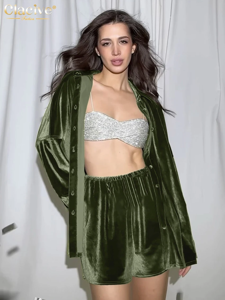 

Clacive Fashion Loose Green Velvet Home 2 Piece Set Women Elegant Long Sleeve Shirt With High Waist Shorts Set Female Clothing
